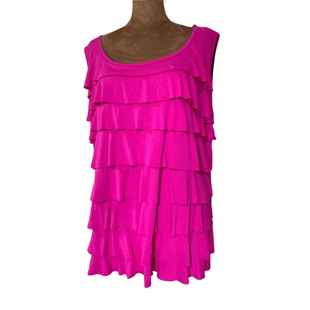 Liz Claiborne Womens 1X Fuchsia Pink Tiered Ruffle Scoop Neck Tank Top Lagenlook - Picture 2 of 7